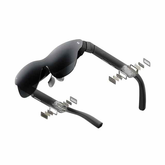 Black RayNeo Air 4 Pro smart glasses shown in a clean exploded-view product render on a white background, highlighting the sleek frame and internal display components.